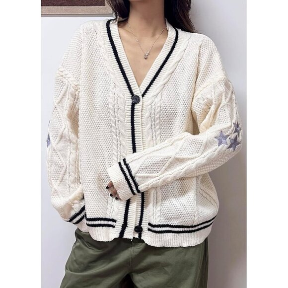 Women's Acrylic Knit Cardigan V-Neck Long Sleeve Oversized Button Sweater - Picture 4 of 7